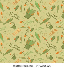 Patrón de pescador con Elementos de pesca. Patrón sin fisuras con peces, caña de pescar, flotador, boina y cubo de pesca. Patrón para tela, ropa de bebé, fondo, textil, papel de embalaje. Imagen de Vector
