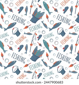 Fisherman's pattern with fishing elements. Seamless pattern with fish, fishing rod, float, beret and fishing bucket. Pattern for fabric, baby clothes, background, textile, wrapping paper. Vector image