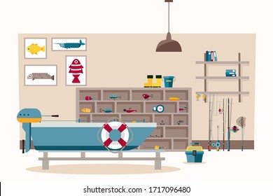 Fishermans Room Vector Illustration, Fishing Tackle, Hooks, Fishing Rod And Spinning. There Boat With Motor In Room Flat Banner, Box Bait On Floor. Posters Different Cartoon Fish On Wall.
