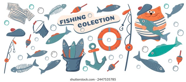 Fisherman's set collection. Fish, cat with fish, fishing rod, bucket with fish, anchor, bubbles, lifebuoy, float. Vector image.