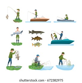Fisherman's set on fishing in different situations. Fisherman catches fish from shore, on boat, shows catch, types of fish, joint fishing, outdoor recreation. Illustration isolated in cartoon style.