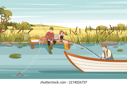 Fishermans sits on wooden boat and fishing with rod vector illustration landspace background
