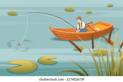 Fishermans sits on wooden boat and fishing with rod vector illustration landspace background