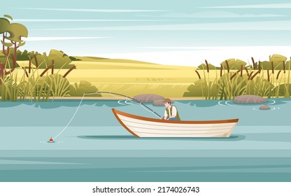 Fishermans sits on wooden boat and fishing with rod vector illustration landspace background