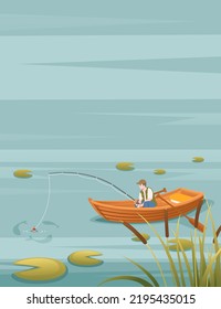 Fishermans sits on wooden boat and fishing with rod vector illustration landspace background vertical format