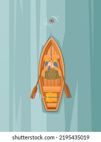 Fishermans sits on wooden boat and fishing with rod vector illustration vertical format