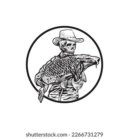 
fisherman's skull holding a fish, line art illustration