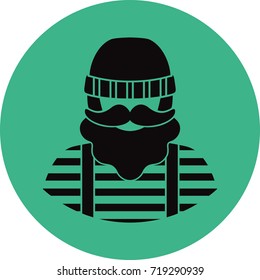 fisherman/sailor man flat icon - a man with a mustache a beard wearing an  in vest and overalls (jumpsuit) boots and knit hat. Template for card, poster, banner, web-design
