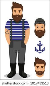 fisherman/sailor/ seaman man flat icon - a man with a moustache,  beard and hairstyle wearing an  in vest/frock and overalls (jumpsuit) boots. Template for card, poster, banner, web-design