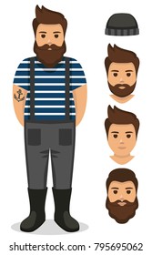 fisherman/sailor/ seaman man flat icon - a man with a moustache,  beard and hairstyle wearing an  in vest/frock
 and overalls (jumpsuit) boots and knit hat. Template for card, poster,  web-design