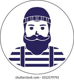 fisherman/sailor/ seaman man in frock silhouette, thin line flat icon - a man head with a hairstyle,  moustache and beard,  wearing in vest/frock and knit hat. Template for card, poster, banner