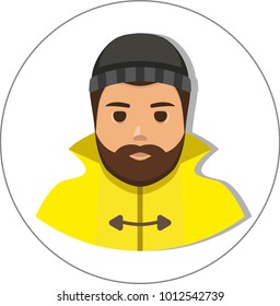 fisherman/sailor/ seaman man in raincoat flat icon - a man head with a moustache, beard  wearing in raincoat and knit hat. Template for card, poster, banner, web-design