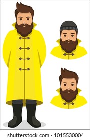 
pescador/marinero/marinero con un icono de impermeable - cabeza de hombre con peinado, bigote y barba, vestido con impermeable. Plantilla para tarjeta, afiche, banner, diseño web
