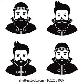 
fisherman/sailor/ seaman man in raincoat silhouette, thin line flat icon - a man head with a hairstyle,  moustache and beard,  wearing in raincoat and knit hat. Template for card, poster, banner