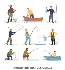 fishermen. active outdoor hobbies for male characters man with fishing rods vector cartoon illustrations