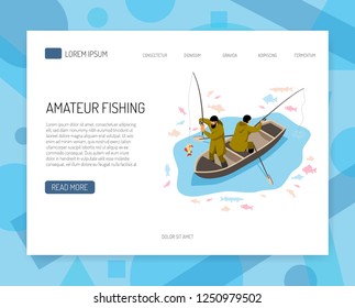 Fishermen in boat during fish catching isometric concept of web banner with interface elements vector illustration