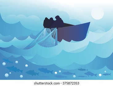 Fishermen, boat, fishing nets, commercial fish on a background of the storm sea.