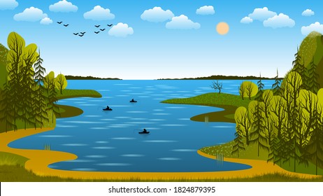 fishermen in boats are reflected in the water of the bay, located among the cliffs with trees and grass against the sky with the sun, clouds, silhouettes of flying birds. autumn landscape. vector