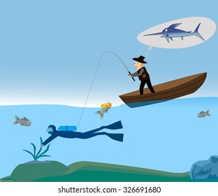 Fishermen catch at the bait diver