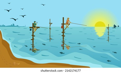 Fishermen Catch Fish On Special Poles On The Sea On A Sunny Morning