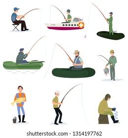 Fishermen Catching Fish with Fishing Rods Set, Male Fisher Characters Sitting on Shore and Using Boats Vector Illustration