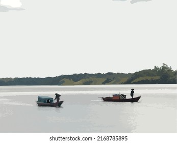 Fishermen are catching fish with traditional equipment.