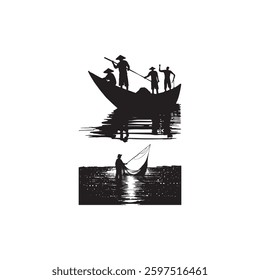 fishermen catching fish, vector illustration silhouet	