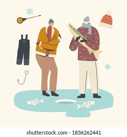 Fishermen Characters in Warm Clothes and Hats Fishing on Ice Catching Fish with Rod at Winter Time. Ice Fishing Wintertime Outdoor Activities, Relaxing Hobby Concept. Linear People Vector Illustration