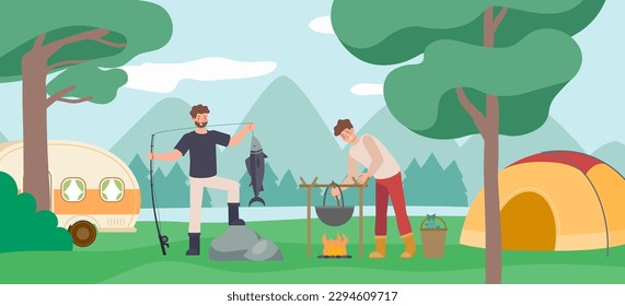 Fishermen cook their catch a bonfire. Travel, fishing season, adventure, hobbies, outdoor activities. Vector of fisherman hobby, catch fishing illustration