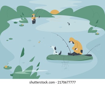 Сouple of fishermen with a dog on boat are fishing on a lake or river. Family fish catching vector illustration.