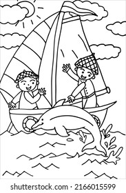 fishermen and dolphins. for coloring children, background, wallpaper, illustration, vector.