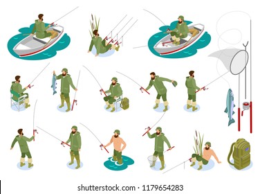 Fishermen during catching fish on spinning rod set of isometric icons with tackle isolated vector illustration