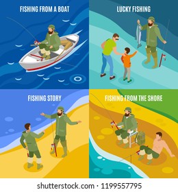 Fishermen during communion and with haul isometric concept catching from boat and at shore isolated vector illustration 