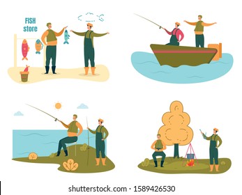 Fishermen or Fishers Cartoon Characters with Rods, Boat and Fishing Equipment on River Bank Set. Water Leisure Outdoor Activity on Nature, Male Hobby and Sports. Flat Vector Illustration Isolated.