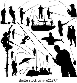 fishermen and fishing equipment vector