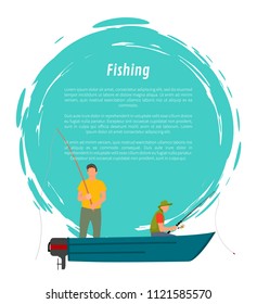 Fishermen fishing from motor boat vector icon. Fisher silhouettes with fish rods isolated on white with great blue spot, cartoon style illustration