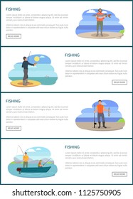 Fishermen fishing from motorboat and from bank. Standing and sitting fishers with rods and tackle and with fish in hand sketch, vector illustration