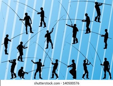 Fishermen and fishing rod detailed silhouettes illustration collection background vector