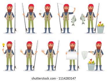 Fishermen with fishing rod and fish. Fisher cartoon character set. Pack of 10 poses with various equipment. Vector illustration