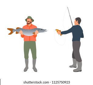 Fishermen with fishing rod and fish vector illustration. Standing fishers with fish-rod, just caught big trout and tackle isolated on white sketch