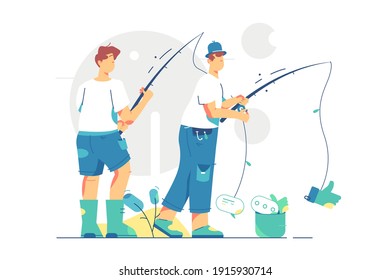 Fishermen friends at river bank vector illustration. Guys with metal bucket and fishing rods flat style. Fishing sport, outdoor summer recreation, leisure time concept. Isolated on white background