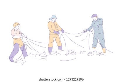 Fishermen in gumboots catching fish in fishing net vector hobby and sport men in ammunition and hats with fishery equipment outdoor activity or pastime seafood isolated group of male characters.