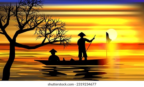 fishermen and his boat against sunset