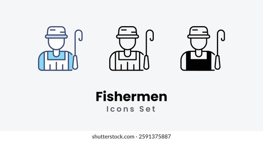 Fishermen Icons set thin line and glyph vector icon illustration