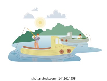 Fishermen in Motor Boats Flat Vector Illustration. Fishery Business, Angling Hobby, Occupation. Professional Anglers Cartoon Characters Catching Fish in Wild Lake, Forest Pond, River