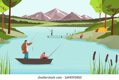 Fishermen on lake in beautiful nature landscape, people fishing hobby leisure, vector illustration. Summer landscape with mountains and trees. Men cartoon characters catching fish in summer lake boat