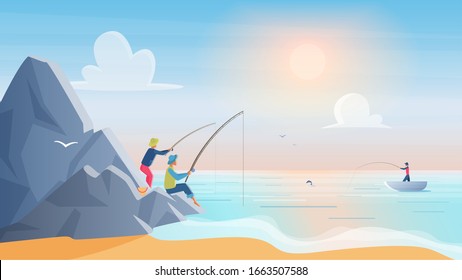 Pescadores en rocas cerca del mar o de la playa del lago. Deporte pesquero, recreación de verano al aire libre, vacaciones en hobby, tiempo libre de amanecer ilustración vectorial