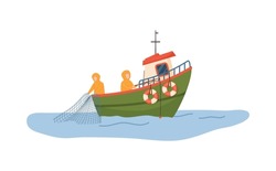 Fishermen On The Sea Catch Fish With Nets From A Boat, Flat Cartoon Vector Illustration Isolated On White Background. Fishing Hobby Or Industry Emblem Design.