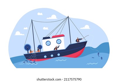 Fishermen on vessel catching fish using net and rod. Professional fishers working on ship or fishing boat flat vector illustration. Fishing, industry concept for banner, website design or landing page