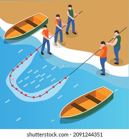 Fishermen pulling fishing nets isometric 3d vector concept for banner, website, illustration, landing page, flyer, etc.